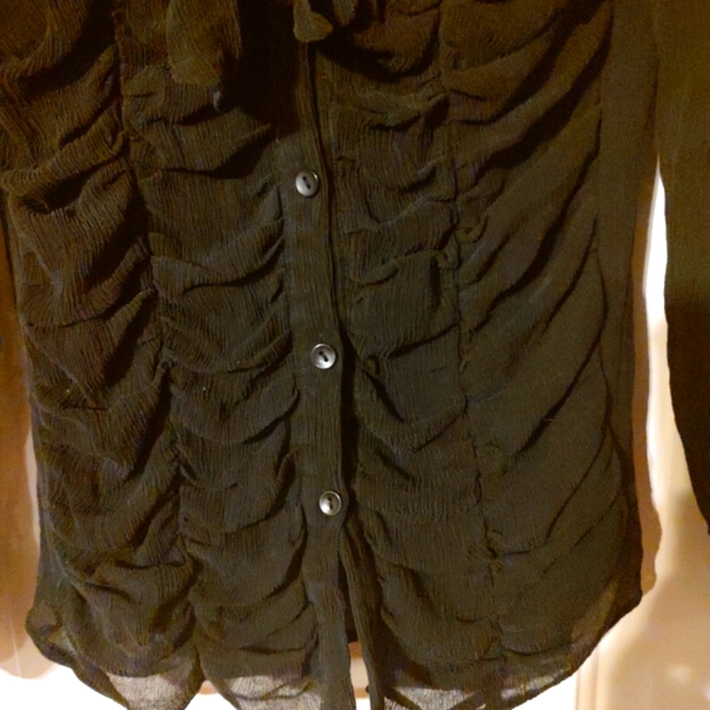 🐦⬛🖤🐦⬛ Divine Vintage Genuine Silk Black Sheer Ruffled Bow Blouse Top - 12 - Picture 7 of 16